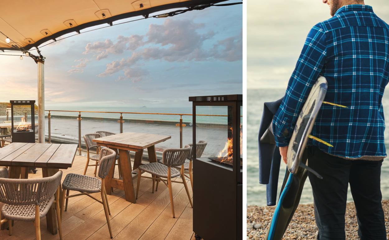 Pub exterior decking, surfer on beach